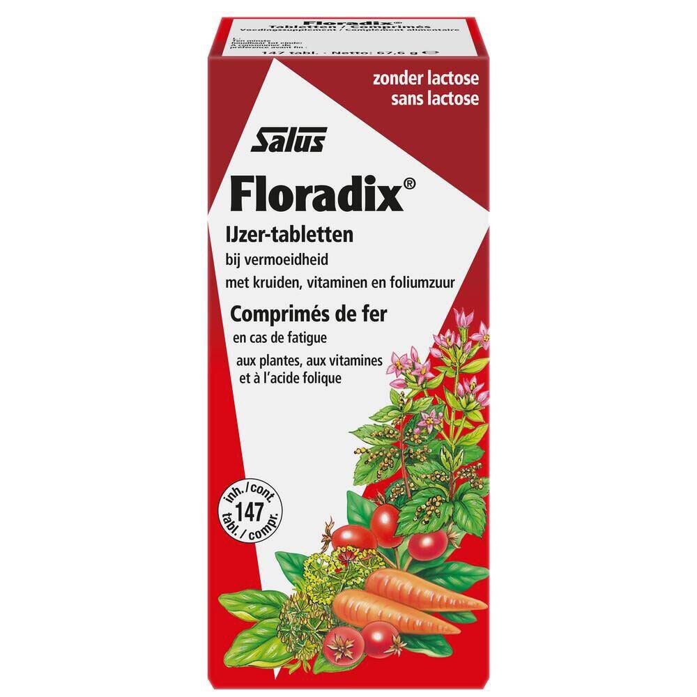 Boîte pliante rouge avec Floradix® comprimés. Inscription du nom du produit, herbes et légumes. Contient 147 comprimés.