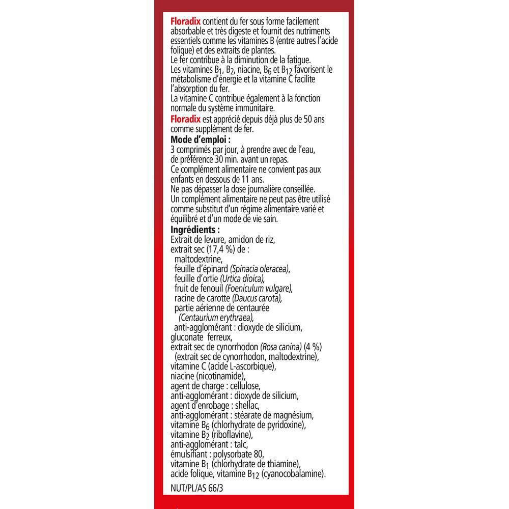 Dos de la boîte pliante rouge avec ingrédients et instructions d'utilisation des comprimés Floradix®.