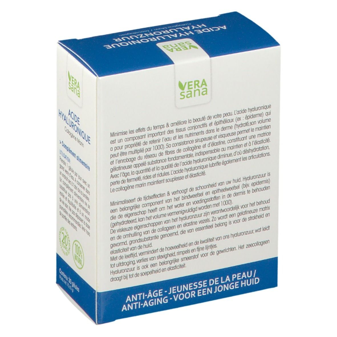 Achterkant van de kartonnen doos. Tekst in meerdere talen. Bevat informatie over het product en de ingrediënten.