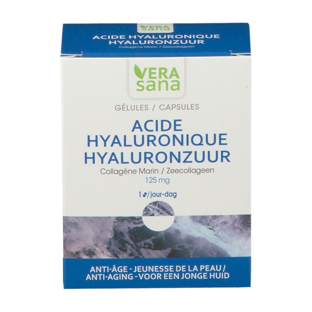 Kartonnen doos met productnaam en logo. Blauwe en witte kleuren. Tekst: ACIDE HYALURONIQUE HYALURONZUUR. 125 mg.