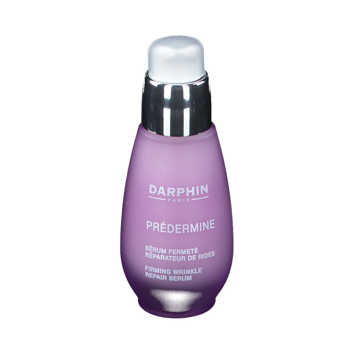 Flacon de sérum. Dégradé de violet, pompe argentée. Inscriptions: DARPHIN, PRÈDERMINE, Sérum.