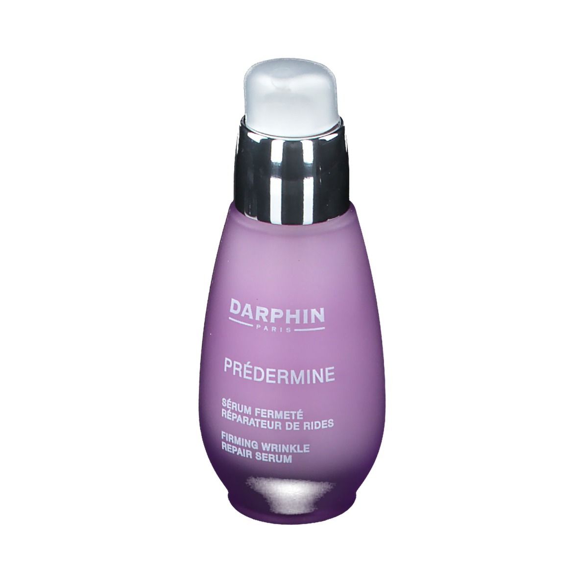 Flacon de sérum. Dégradé de violet, pompe argentée. Inscriptions: DARPHIN, PRÈDERMINE, Sérum.