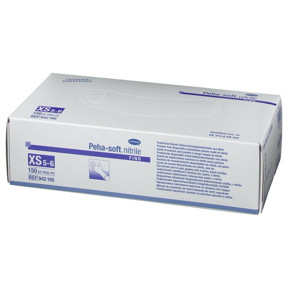 Boîte de gants d'examen Peha-soft nitrile fino, taille XS 5-6. 150 pièces. Blanc et bleu.