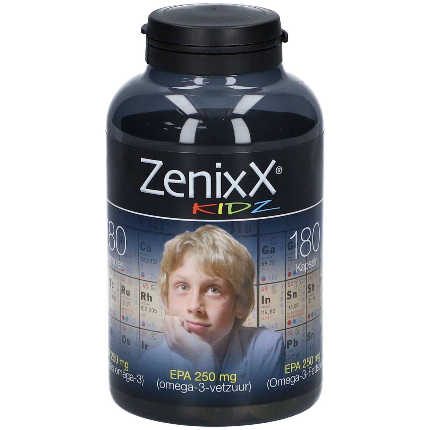 Flacon gris foncé avec bouchon noir. Inscription ZenixX Kidz, image d'un garçon. 180 capsules, EPA 250 mg.