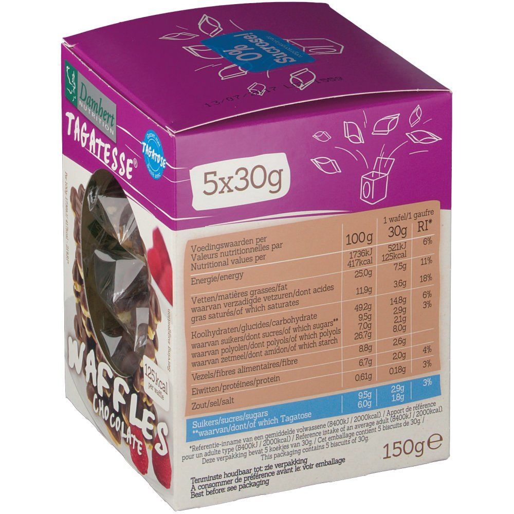 Boîte de gaufres au chocolat Damhert Tagatesse. Contient 5x30g. Informations nutritionnelles imprimées. 0% Sucrose.