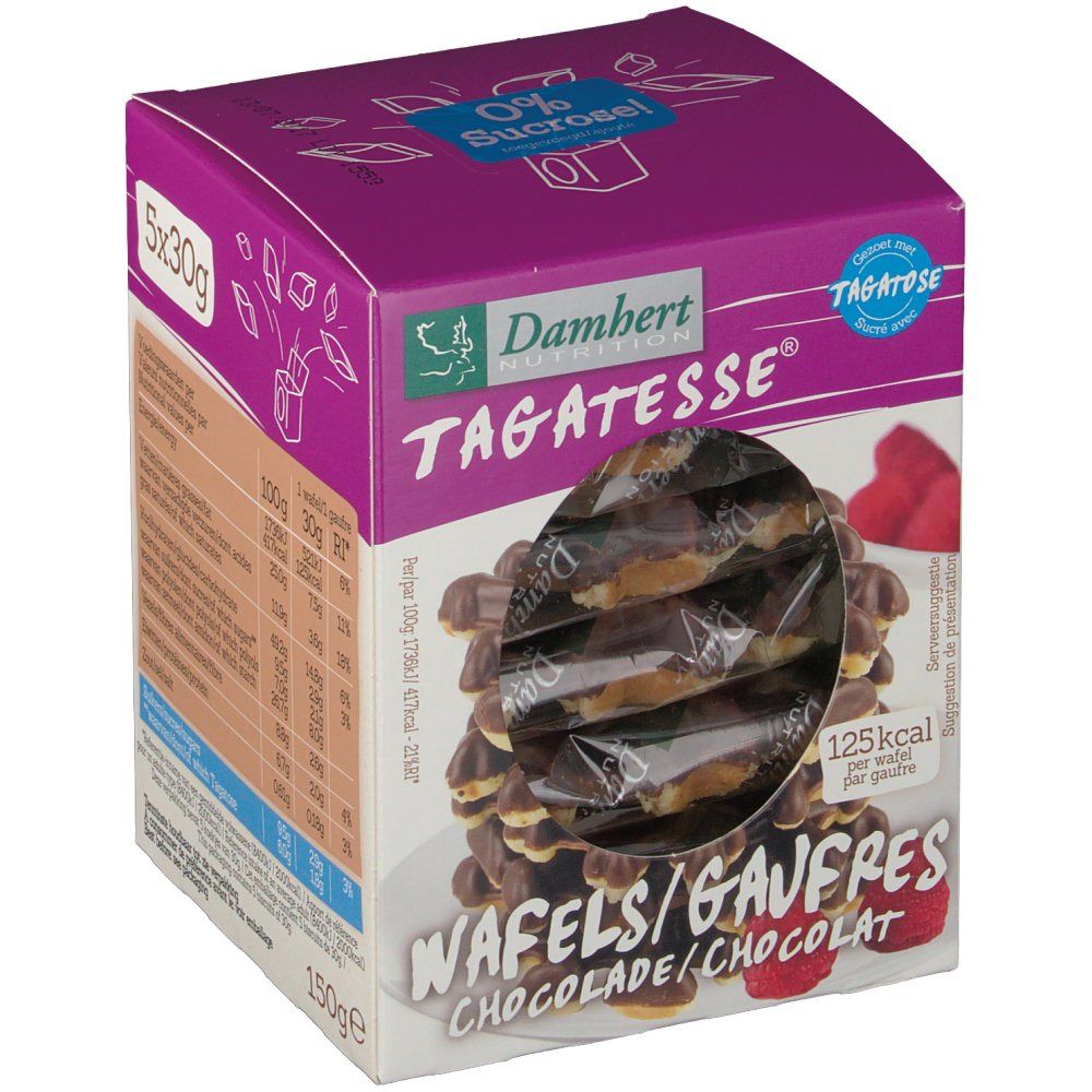 Boîte de gaufres Damhert Tagatesse. Fenêtre montrant des gaufres au chocolat. 125 kcal par gaufre. 0% Sucrose.