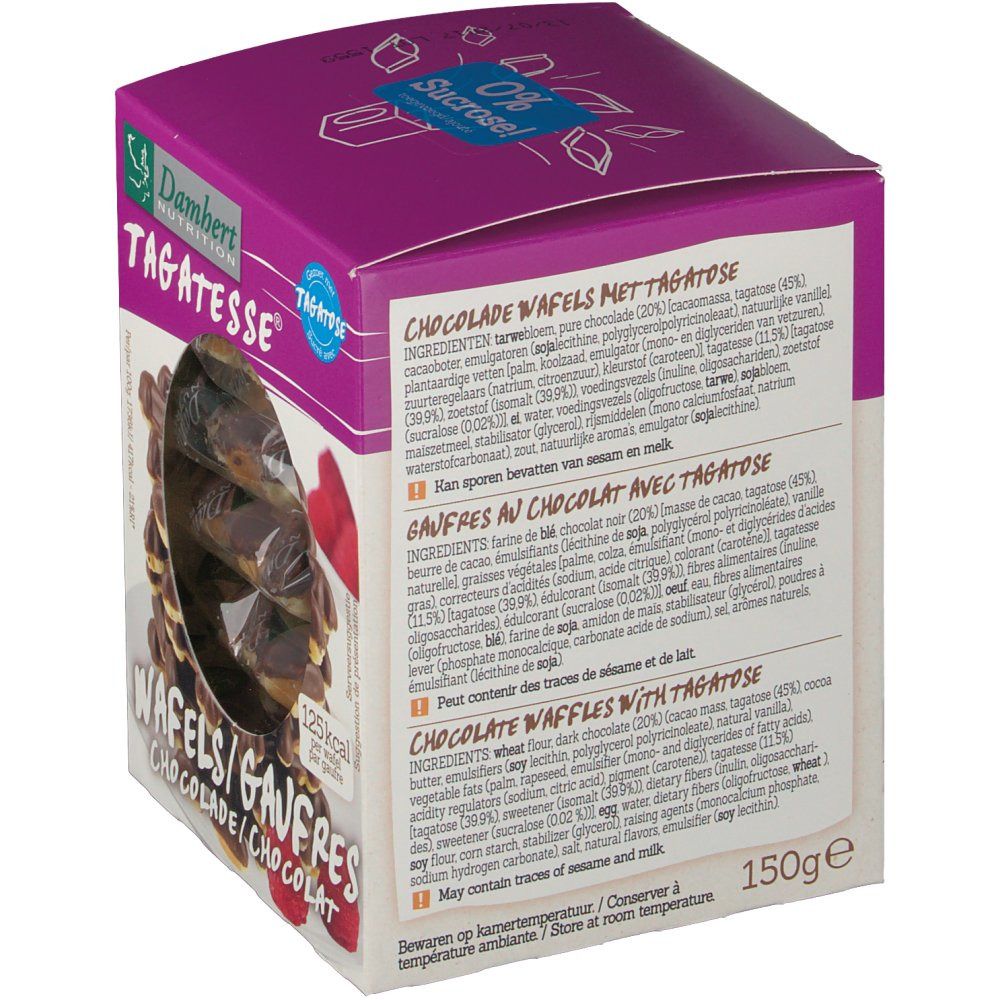 Boîte de gaufres Damhert Tagatesse. Dos avec listes d'ingrédients multilingues. Poids total 150g.