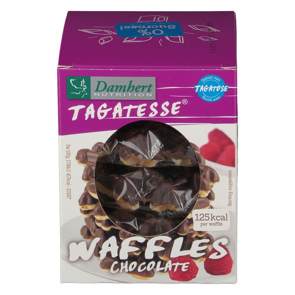Boîte de gaufres Damhert Tagatesse. Fenêtre montrant des gaufres au chocolat. 125 kcal par gaufre. 0% Sucrose.