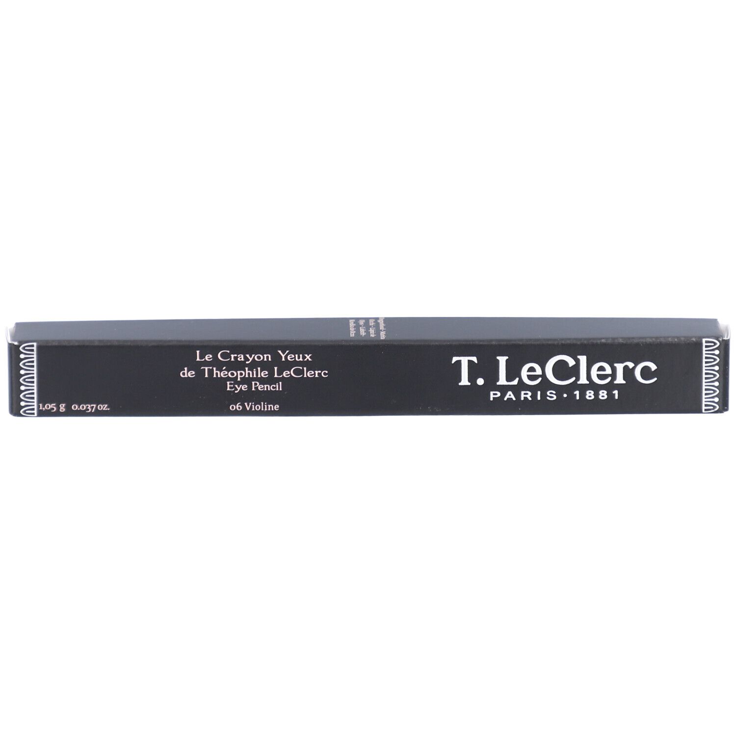 Schwarze Verpackung mit Text. "Le Crayon Yeux de Théophile LeClerc Eye Pencil" und "T. LeClerc PARIS 1881" sind sichtbar.