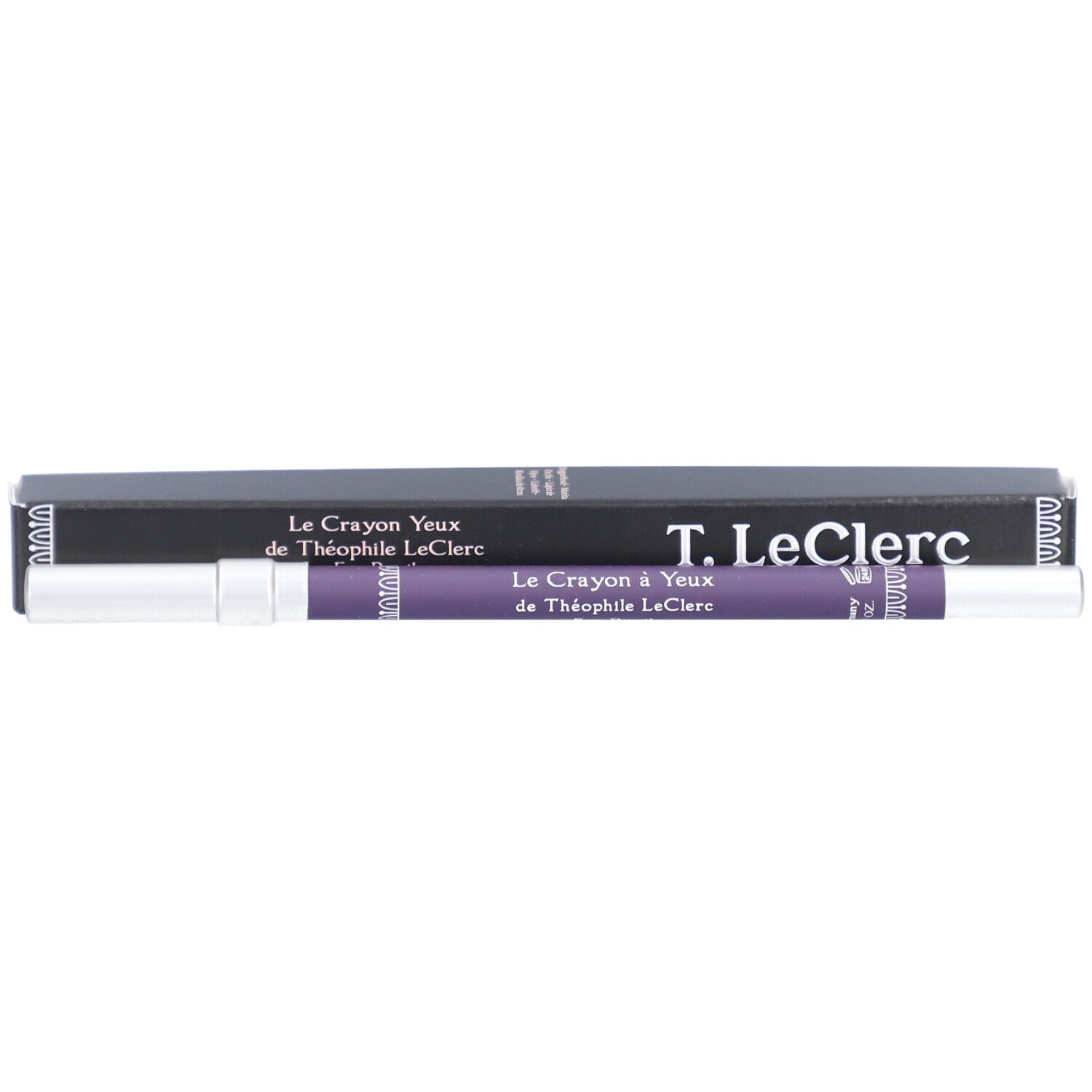 Lila Augenstift und schwarze Verpackung. Text: "Le Crayon à Yeux de Théophile LeClerc" und "T. LeClerc PARIS 1881".