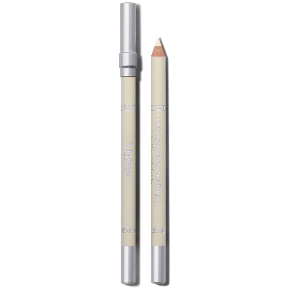 Twee oogpotloden met zilveren doppen. Opschrift: Le Crayon Yeux Anti-Fatigue.