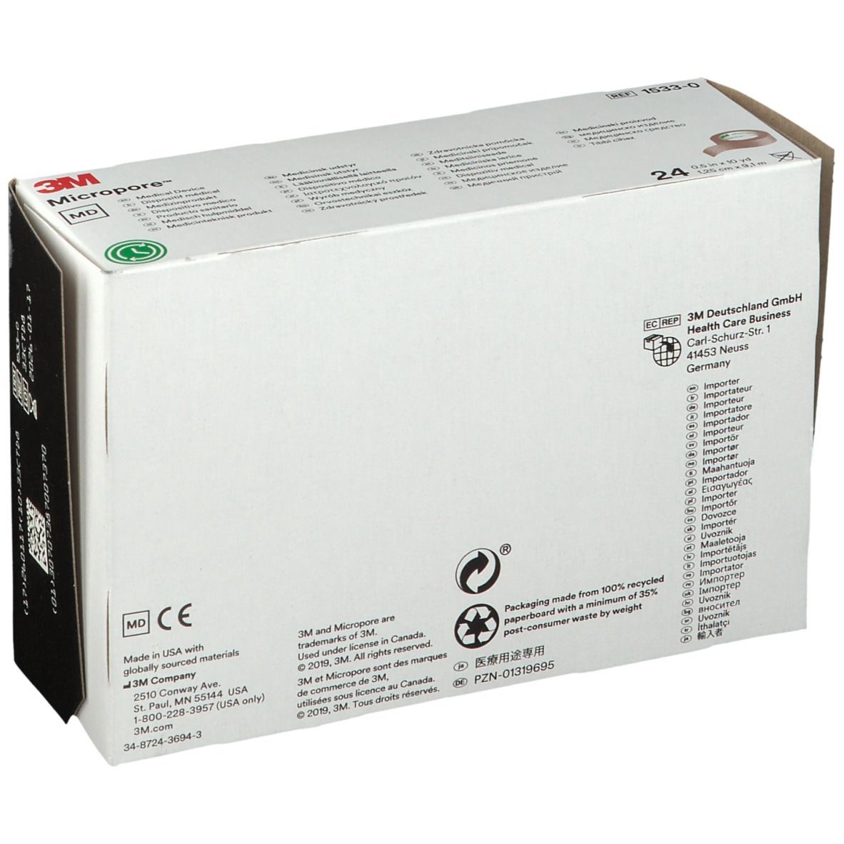 Rückseite der 3M Micropore-Verpackung. Aufdrucke: 3M, MD, CE-Kennzeichnung, Recycling-Logo, Herstelleradresse.