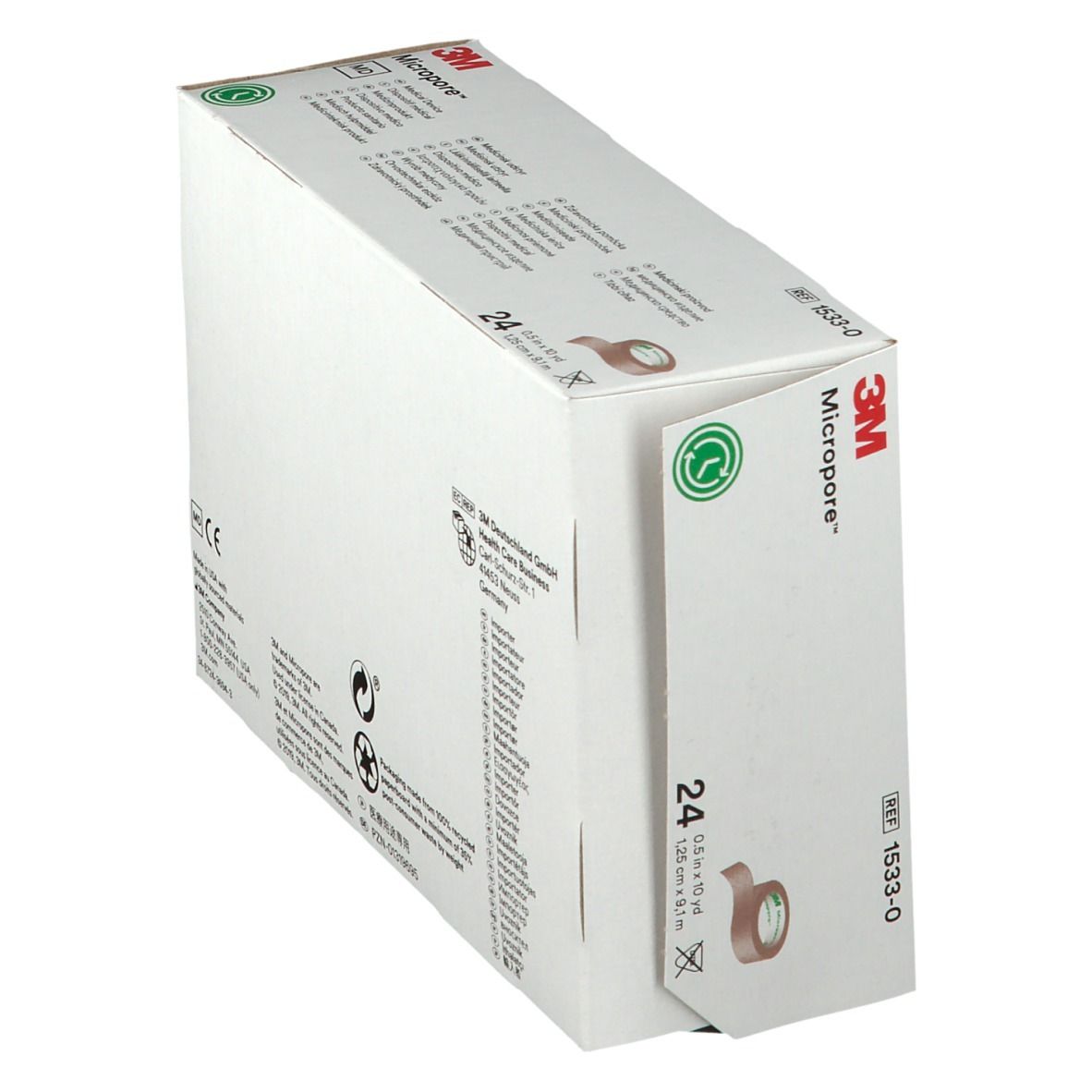 Schräg stehende 3M Micropore-Verpackung. Aufdrucke: Micropore, 3M, 24, REF 1533-0, 0.5 in x 10 yd, 1.25 cm x 9.1 m. Grün-Logo.