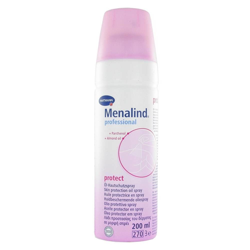 Flacon spray blanc et rose. Inscription: Menalind professional, protect. Contient du panthénol et de l'huile d'amande. Volume: 200 ml.