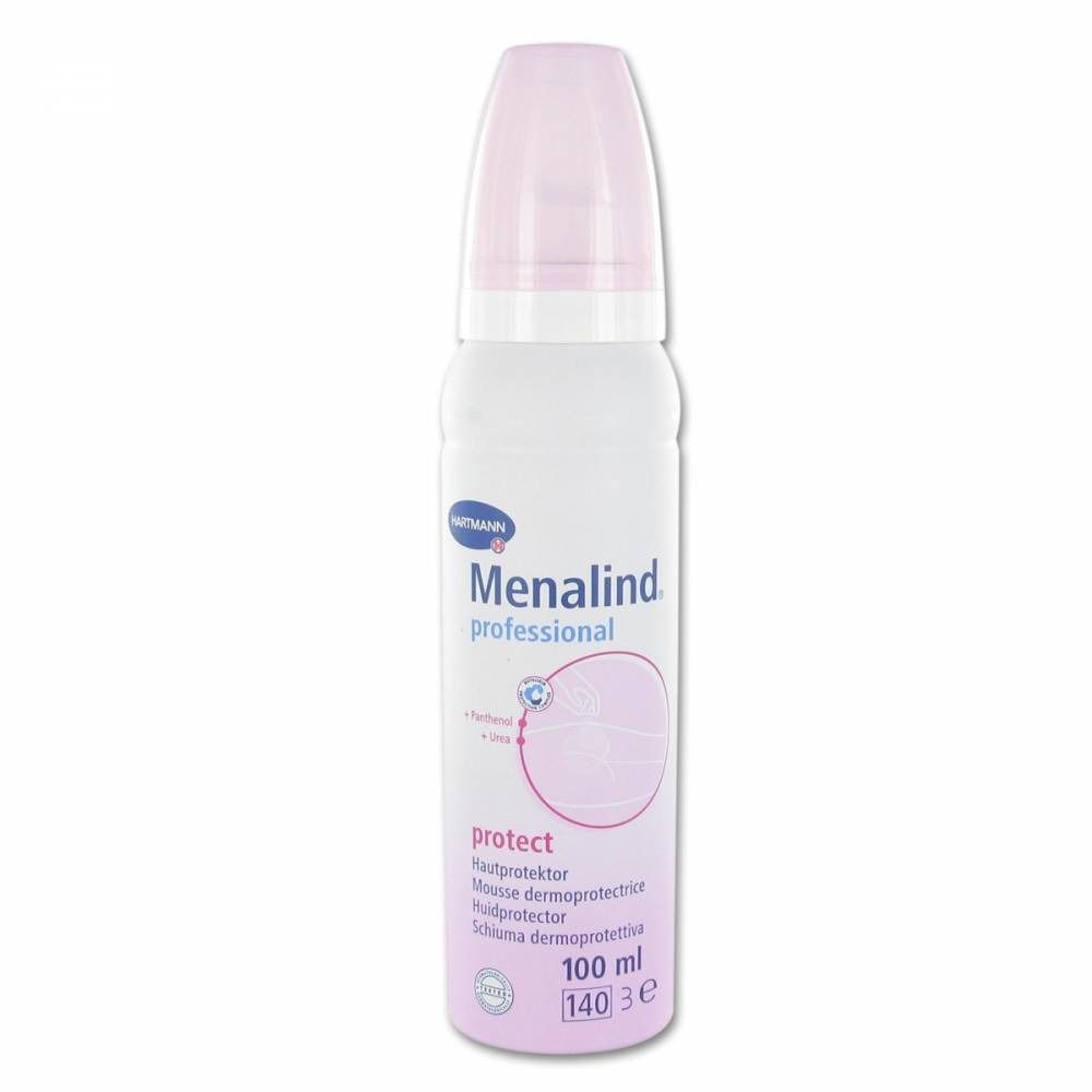 Flacon cylindrique blanc avec bouchon rose. Inscription : Menalind professional, protect, 100 ml. Logo : Hartmann.