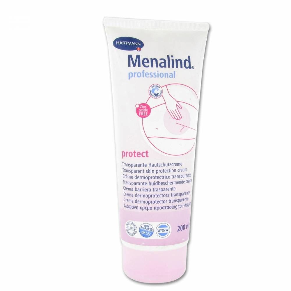 Tube blanc et rose avec texte HARTMANN Menalind. Nom du produit: protect. Inscriptions multilingues. 200g.