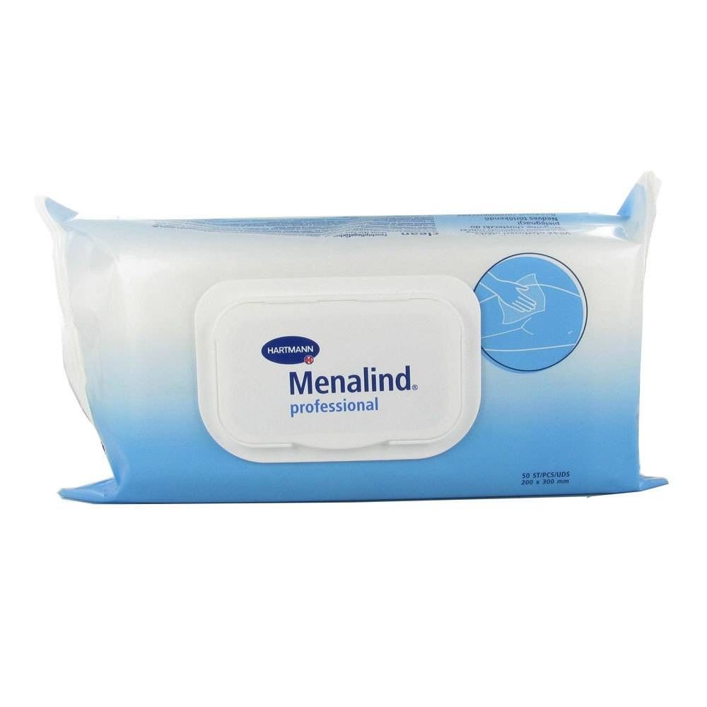 Confezione di salviette umidificate Menalind professional. Confezione bianca e blu con adesivo e logo. Illustrazione di una mano.
