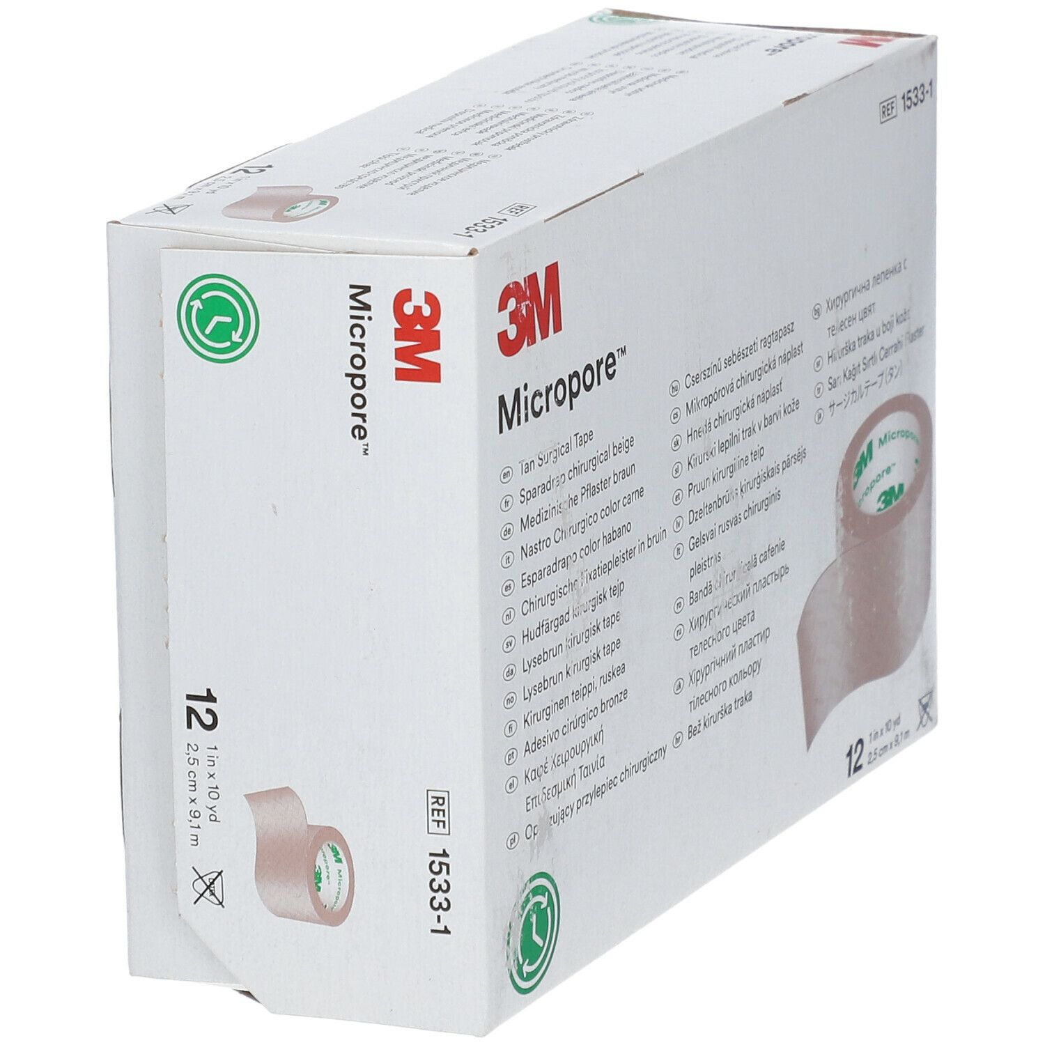 Schräg gestellte Verpackung mit 3M Micropore Tape. Beige Rolle, 2,5 cm x 9,1 m. 12 Rollen. Produktname und Logo sichtbar.
