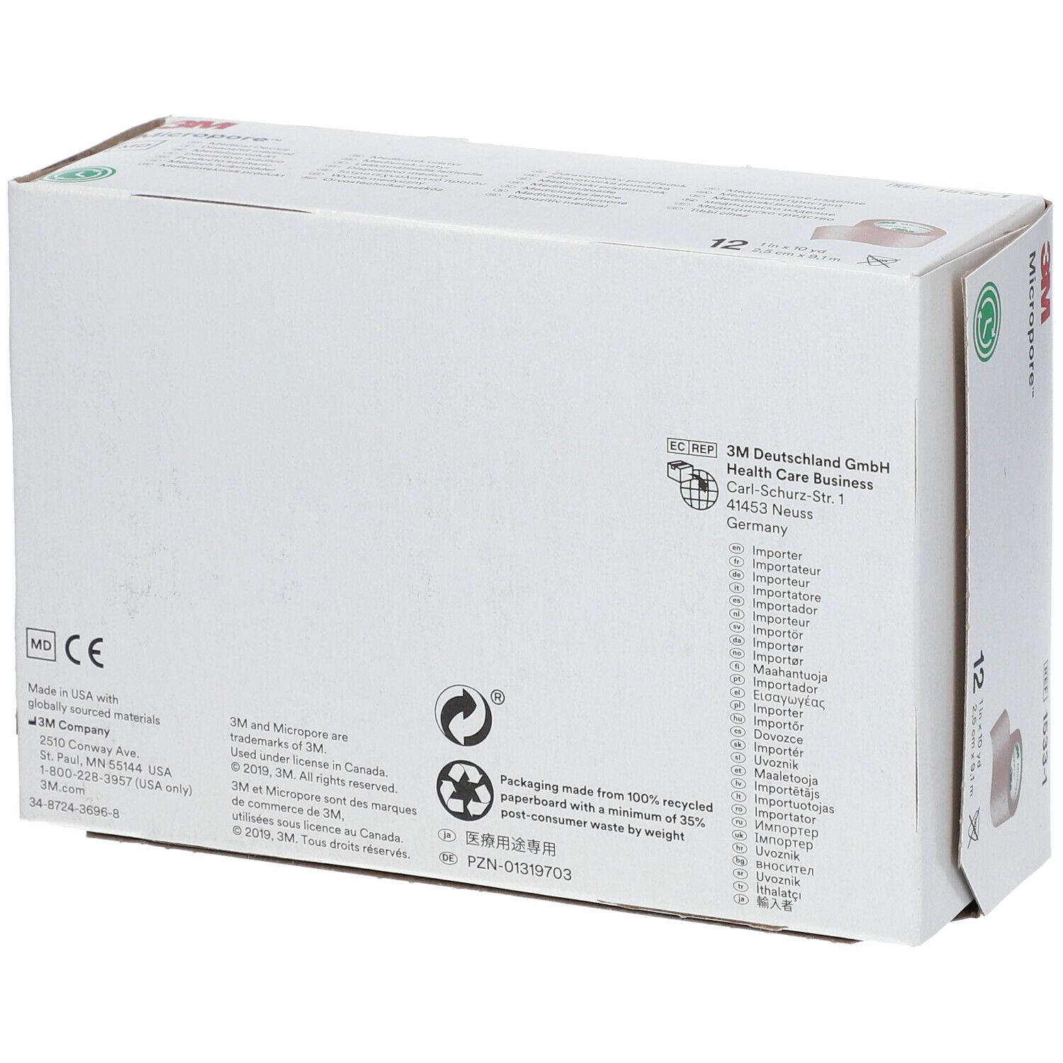 Rückseite der Verpackung mit 3M Micropore Tape. Herstellerinformationen, Recycling-Logo und CE-Kennzeichnung.