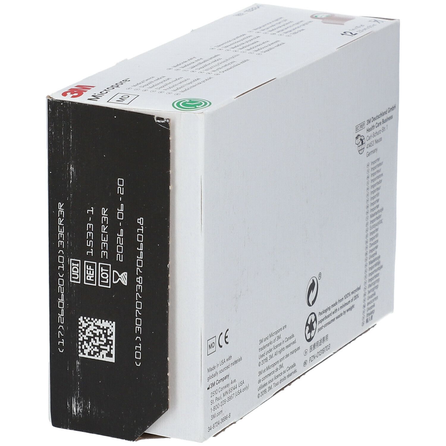 Seitenansicht der Verpackung mit 3M Micropore Tape. Produktinformationen, Chargennummer und Haltbarkeitsdatum.
