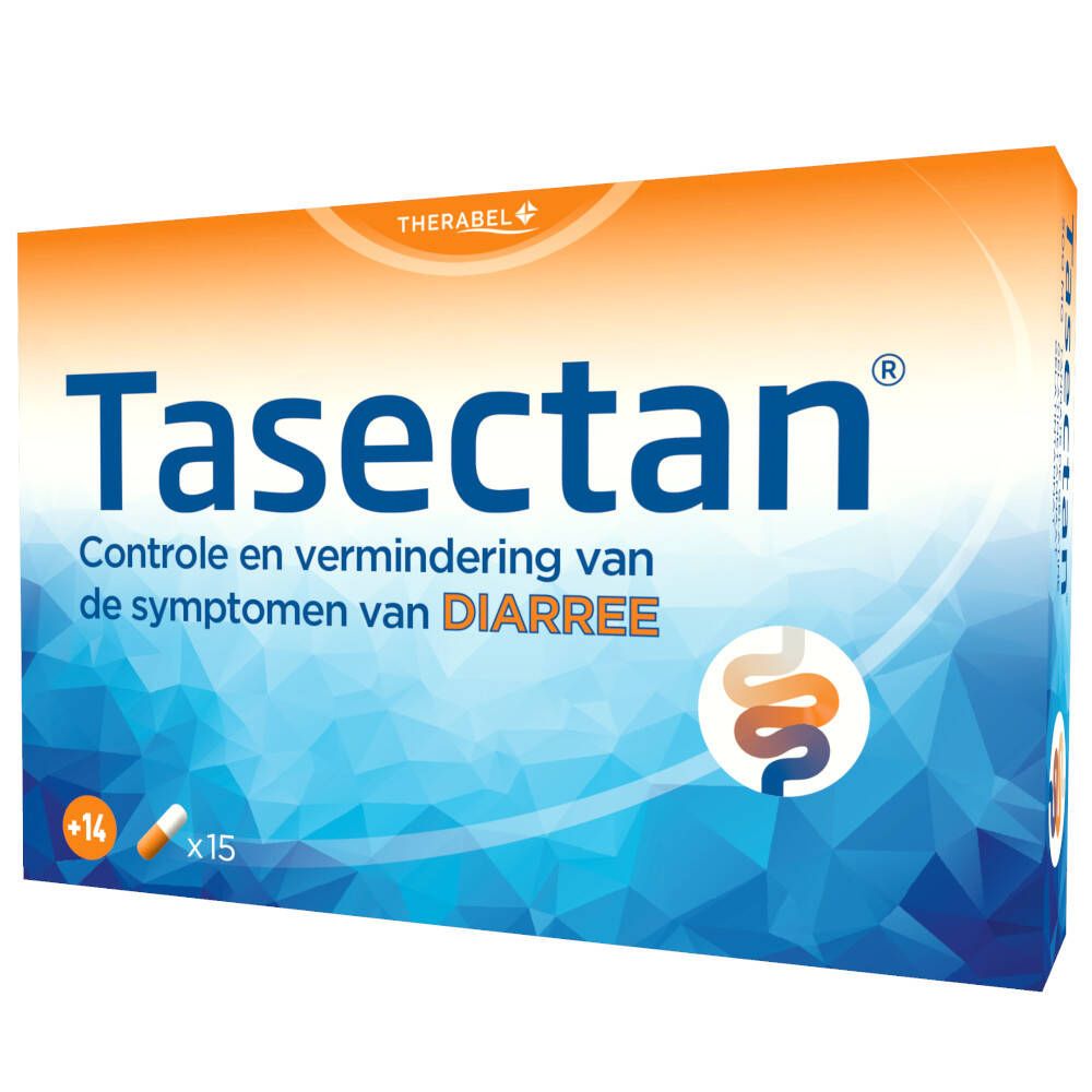 Boîte de Tasectan. Contrôle et réduction des symptômes de la diarrhée. Contient 15 gélules et 14 comprimés. Design bleu et orange.