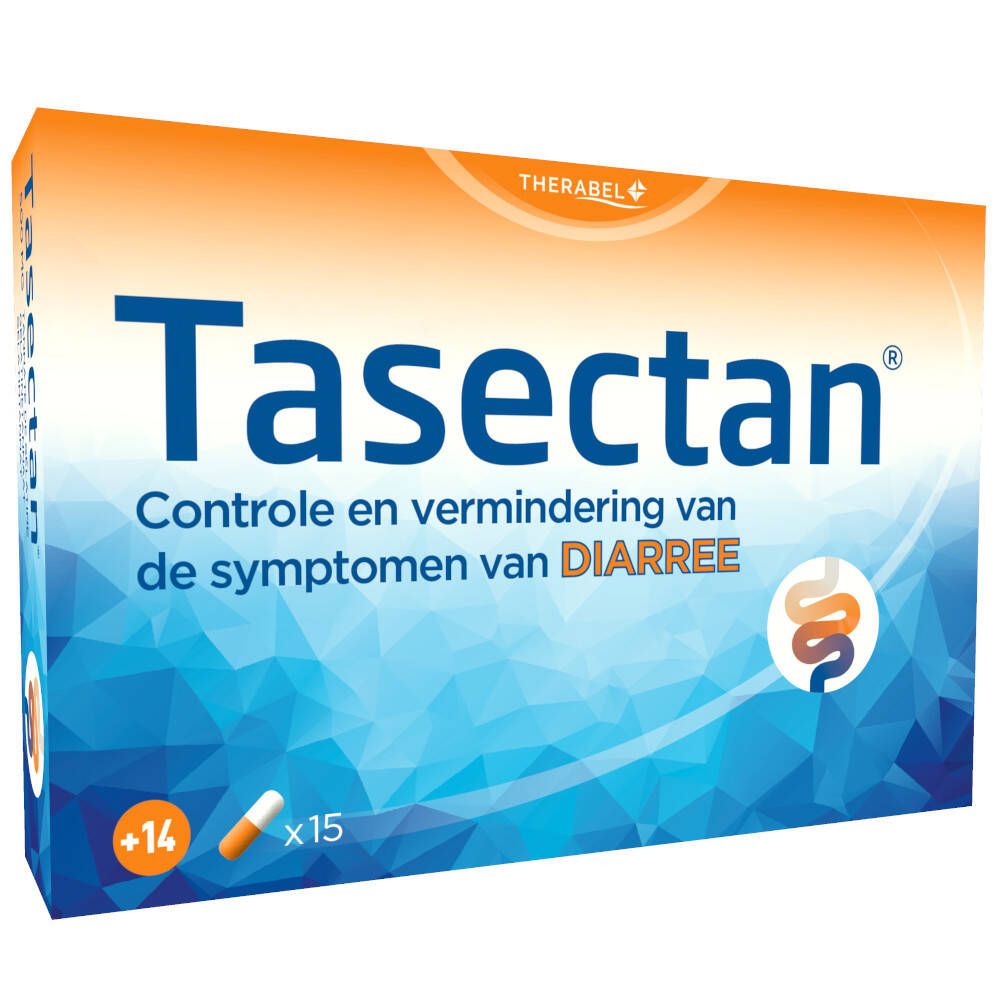 Boîte de Tasectan. Contrôle et réduction des symptômes de la diarrhée. Contient 15 gélules et 14 comprimés. Design bleu et orange.