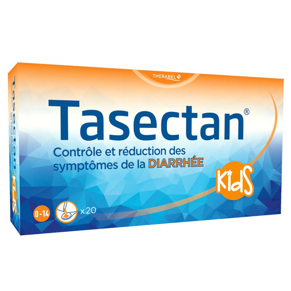 Boîte Tasectan pour enfants. Contrôle et réduction des symptômes de la diarrhée. Contient 20 sachets. Logo Kids.