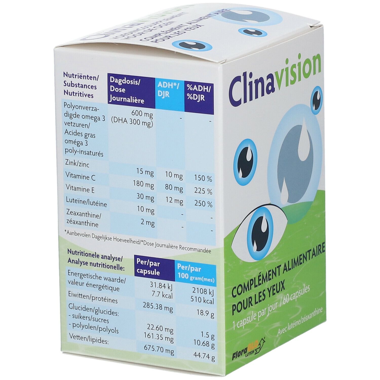 Verpakking van Clinavision. Voedingswaardetabel met ingrediënten zoals omega-3, zink, vitamine C, vitamine E, luteïne en zeaxanthine. ADH/DJR waarden.