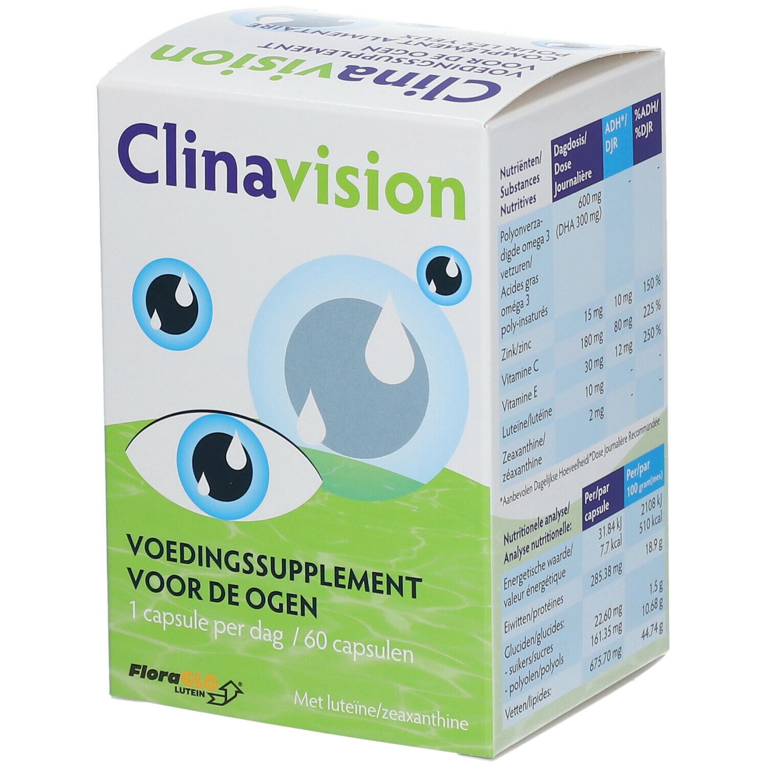 Verpakking van Clinavision. Opschrift: Voedingssupplement voor de ogen. Bevat 60 capsules. Voedingswaardetabel. Flora Lutein logo.
