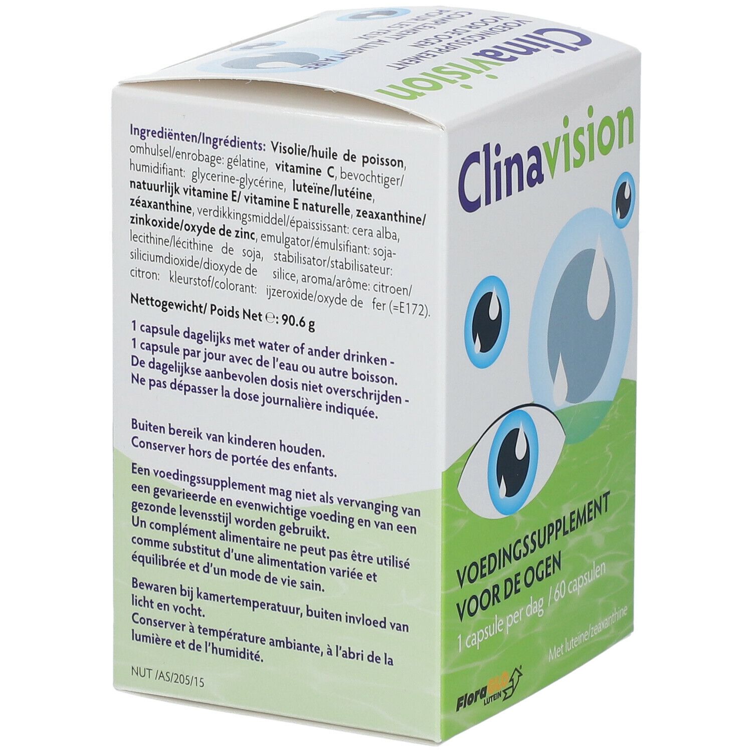Verpakking van Clinavision. Opschrift: Voedingssupplement voor de ogen. Bevat 60 capsules. Ingrediëntenlijst. Waarschuwingen. Flora Lutein logo.