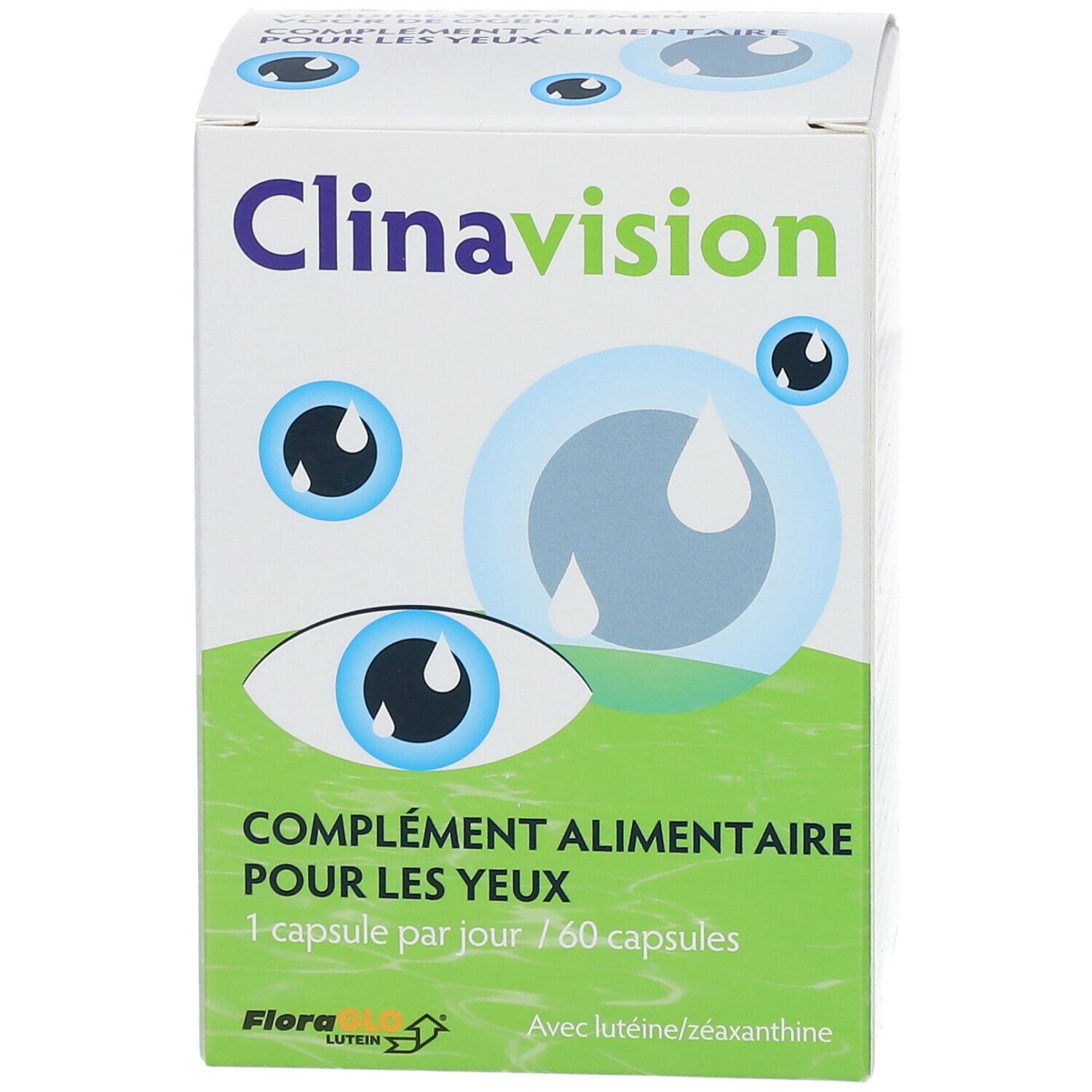 Verpakking van Clinavision. Opschrift: Voedingssupplement voor de ogen. Bevat 60 capsules. Met luteïne/zeaxanthine. Flora Lutein logo.