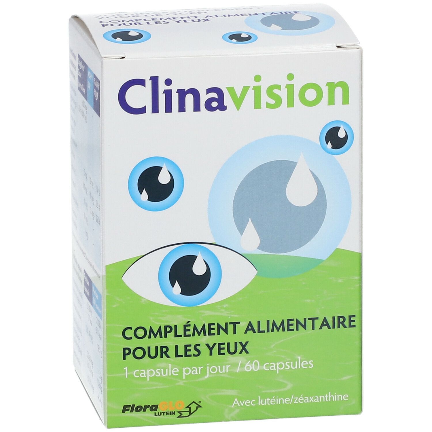 Verpakking van Clinavision. Opschrift: Voedingssupplement voor de ogen. Bevat 60 capsules. Met luteïne/zeaxanthine. Flora Lutein logo.