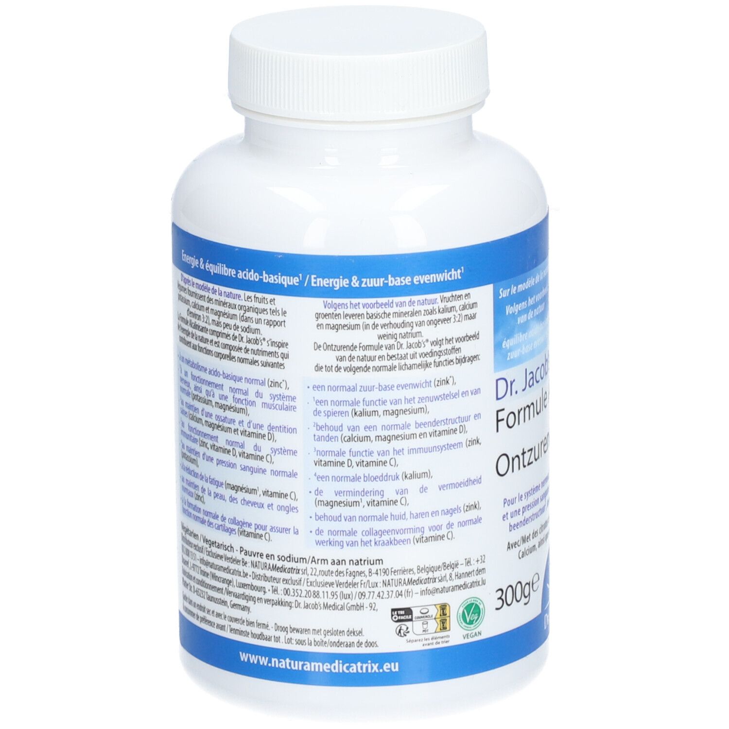 Rückseite der weißen Flasche. Blaue Etikett mit Text. Aufschrift: Dr. Jacob's Formule Alcalinisante. 300g.
