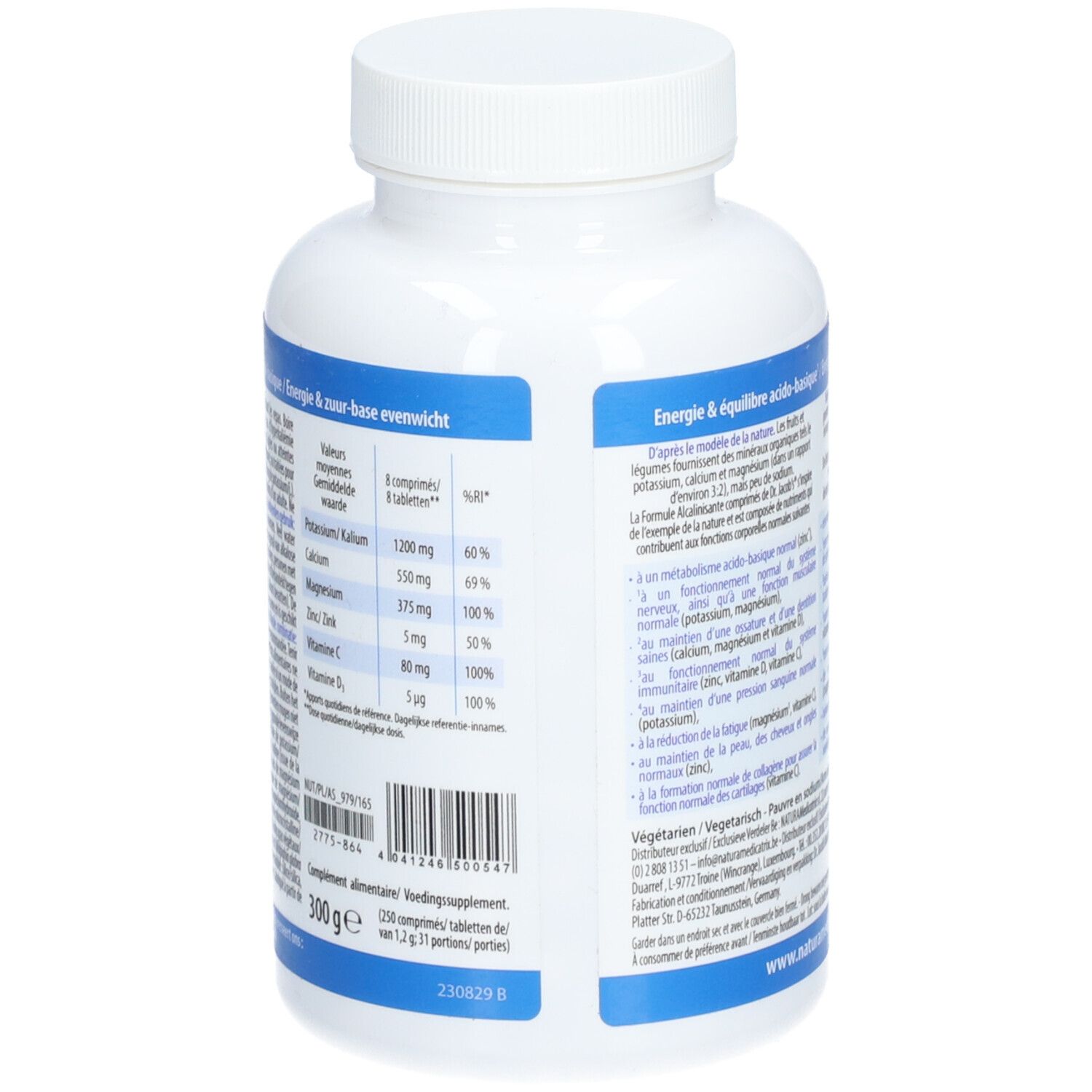 Rückseite der weißen Flasche. Blaue Etikett mit Text und Nährwerttabelle. Aufschrift: Dr. Jacob's Formule Alcalinisante. 300g.