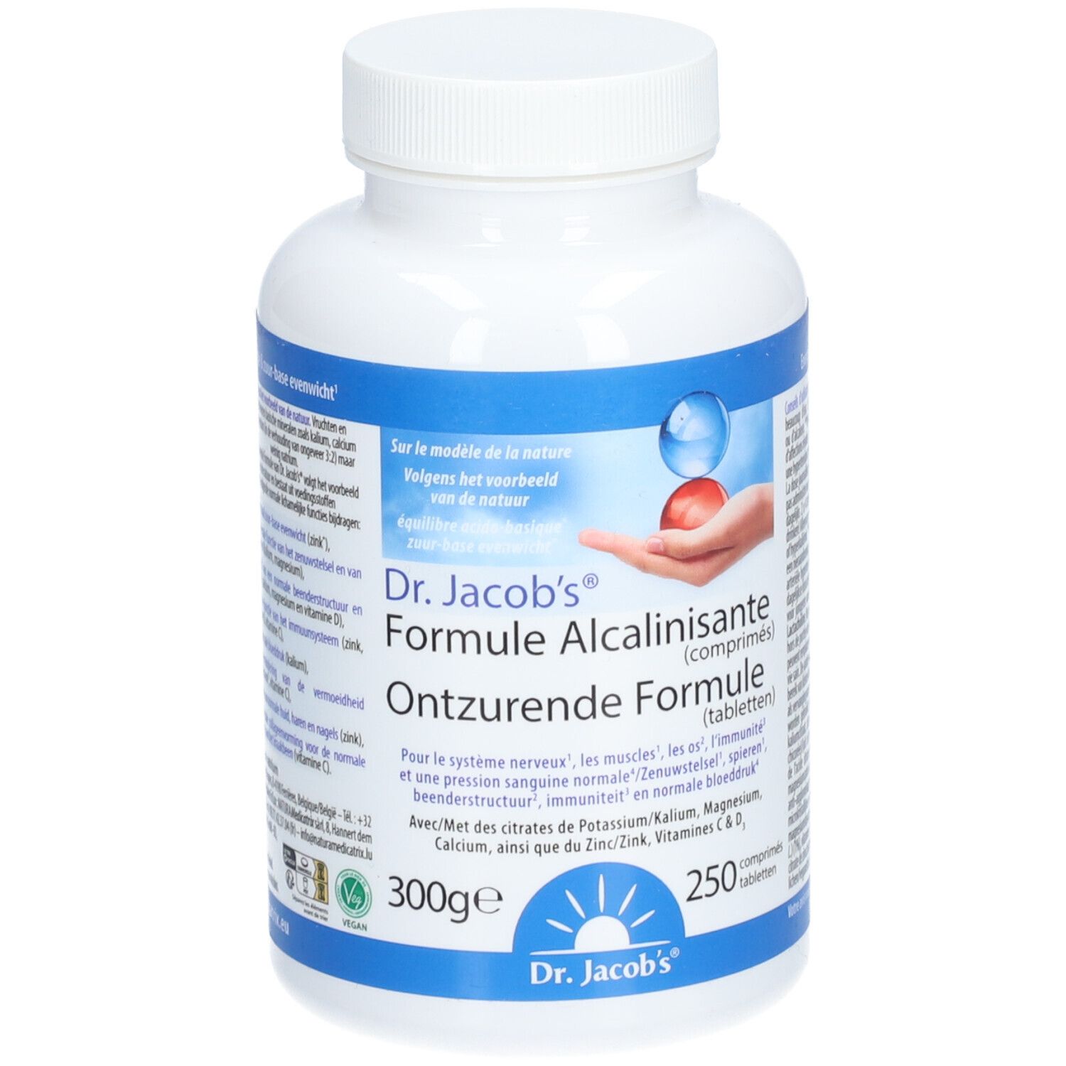 Weiße Flasche mit blauem Etikett. Aufschrift: Dr. Jacob's Formule Alcalinisante. 250 Tabletten, 300g.