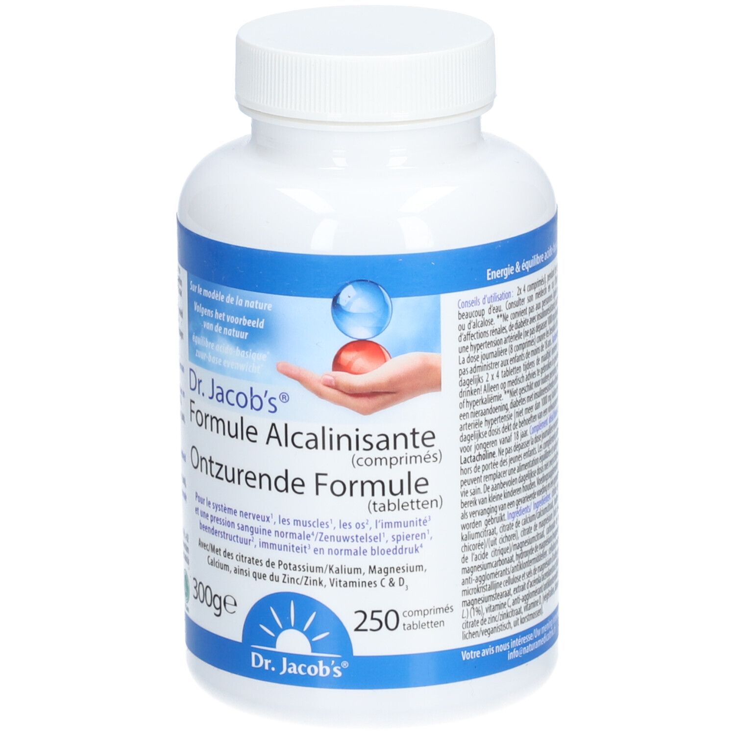 Weiße Flasche mit blauem Etikett. Aufschrift: Dr. Jacob's Formule Alcalinisante. 250 Tabletten, 300g.