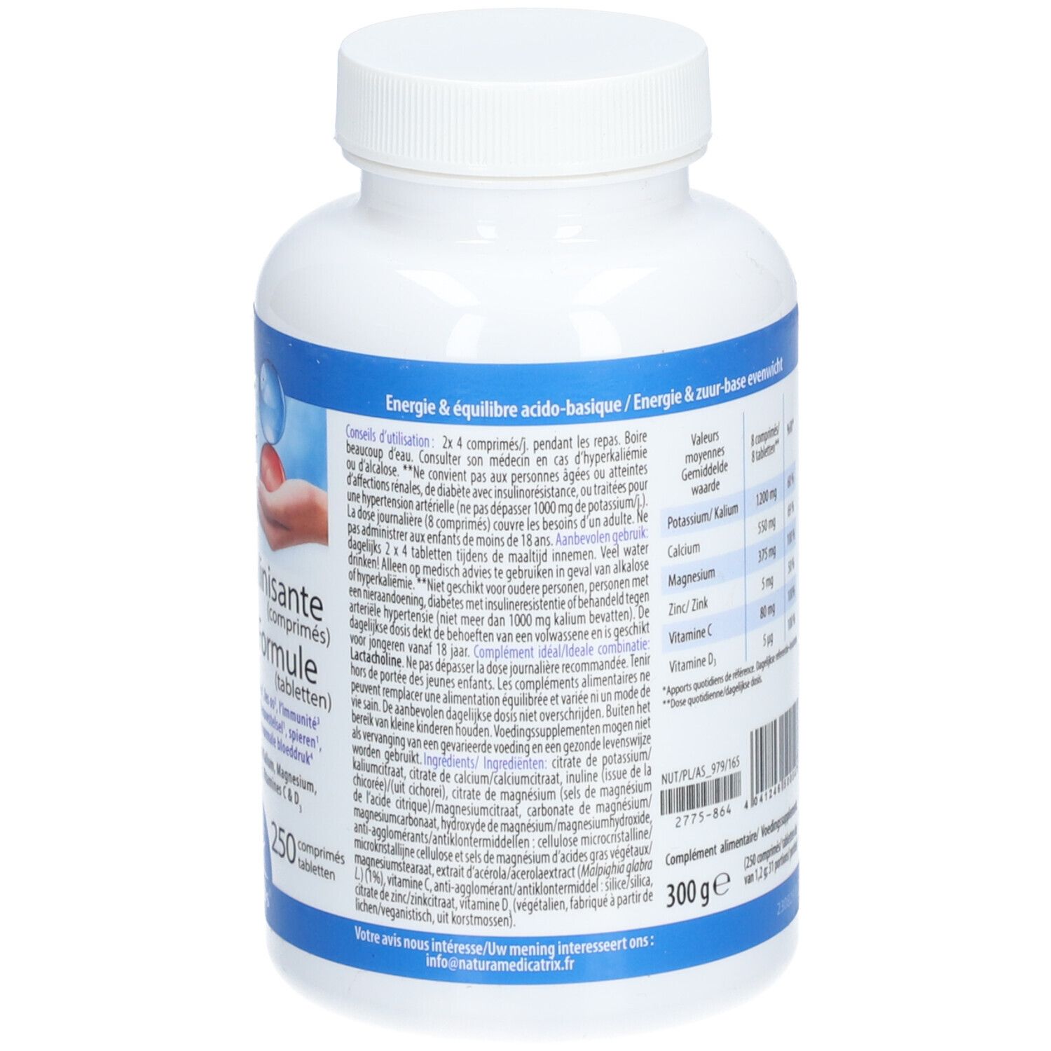 Rückseite der weißen Flasche. Blaue Etikett mit Text und Nährwerttabelle. Aufschrift: Dr. Jacob's Formule Alcalinisante. 300g.