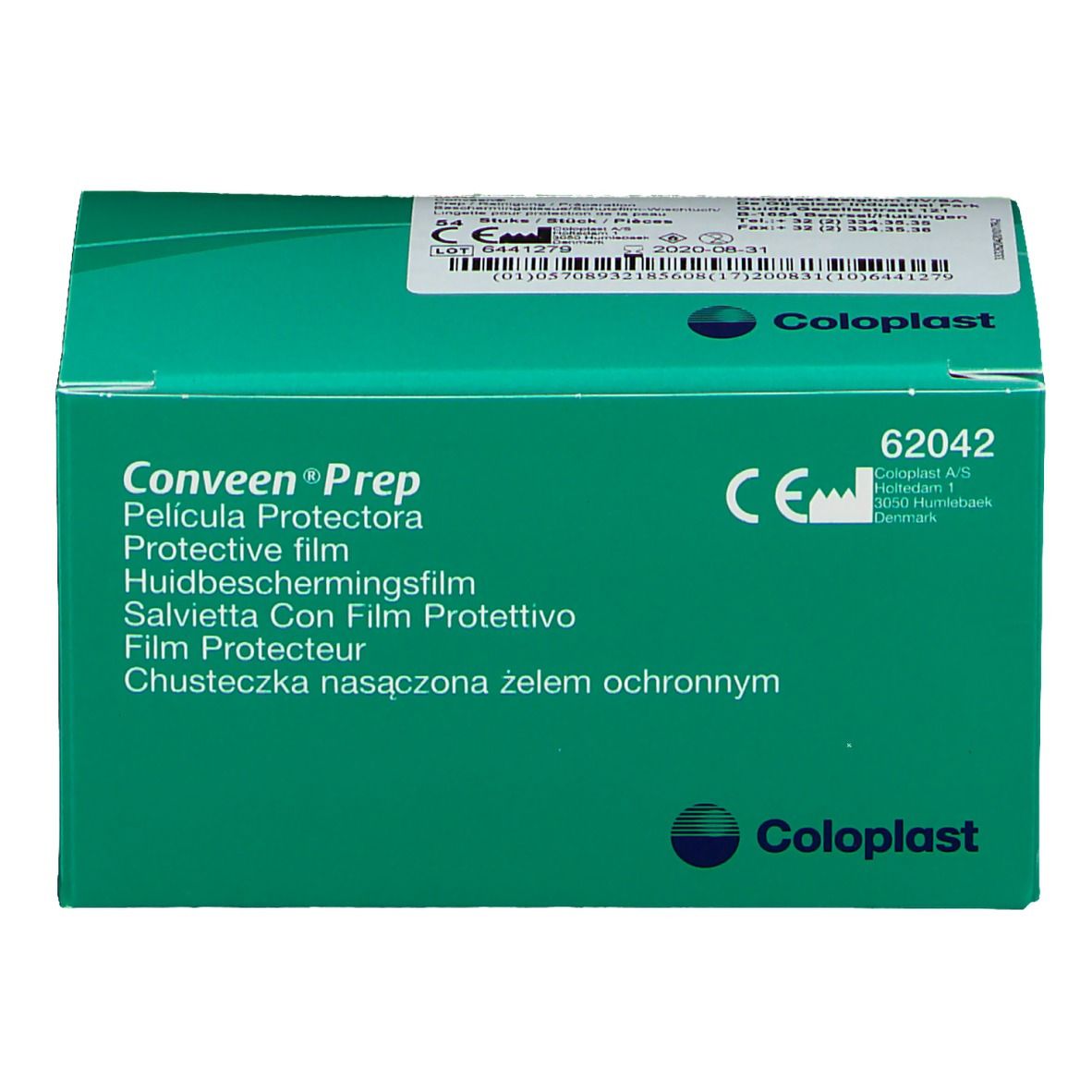 Boîte verte Conveen Prep. Film protecteur. Marquage CE et logo Coloplast. Vue de dessus.