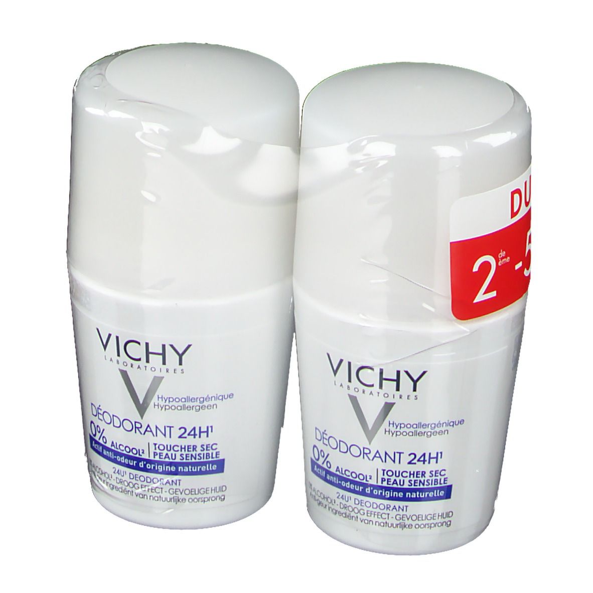 Deux déodorants roll-on blancs avec bouchon, emballés. Un autocollant rouge. Texte : 0% alcool, 24H, VICHY.