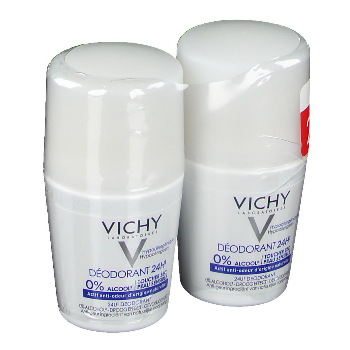 Deux déodorants roll-on blancs avec bouchon, emballés. Texte : 0% alcool, 24H, VICHY.