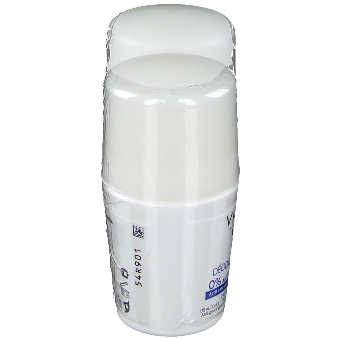 Deux déodorants roll-on blancs avec bouchon, emballés. Texte : 0% alcool, 24H, VICHY.