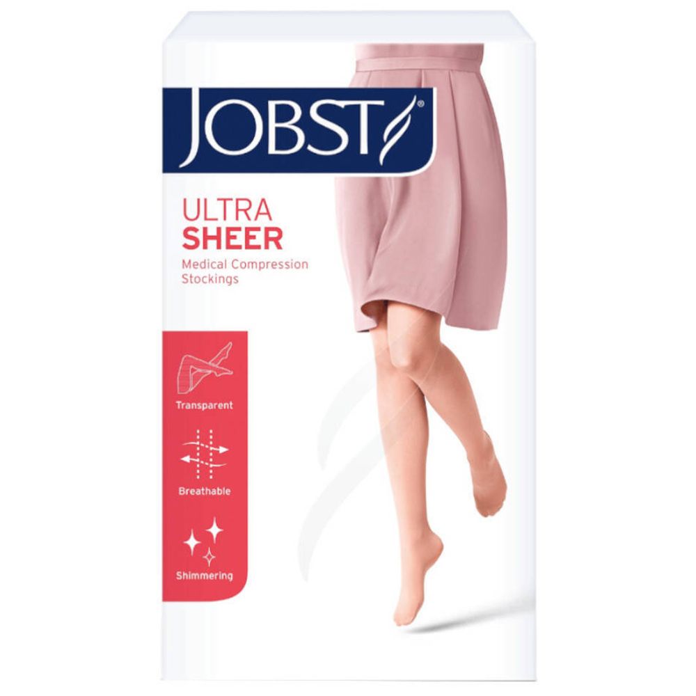Emballage de bas de compression médicale JOBST UltraSheer. L'emballage montre une jambe portant un bas.