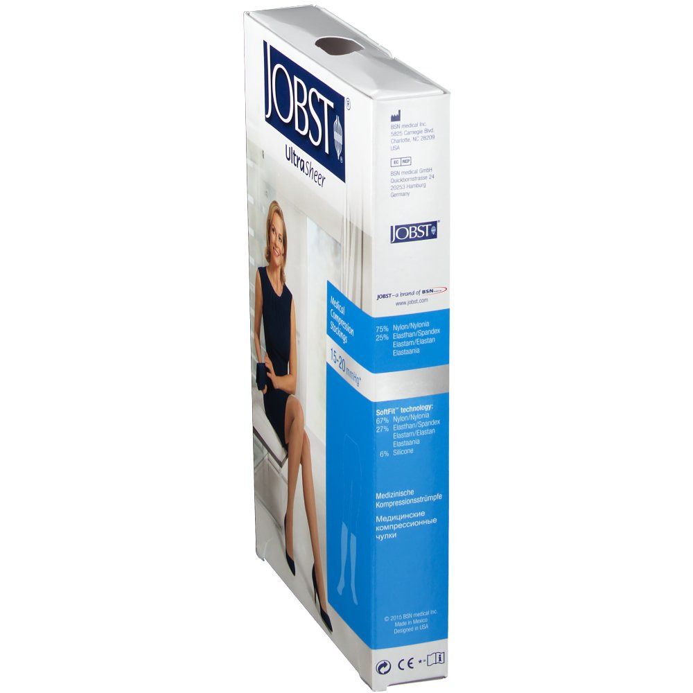 Emballage de bas de compression médicale JOBST UltraSheer. L'emballage montre une femme portant des bas.