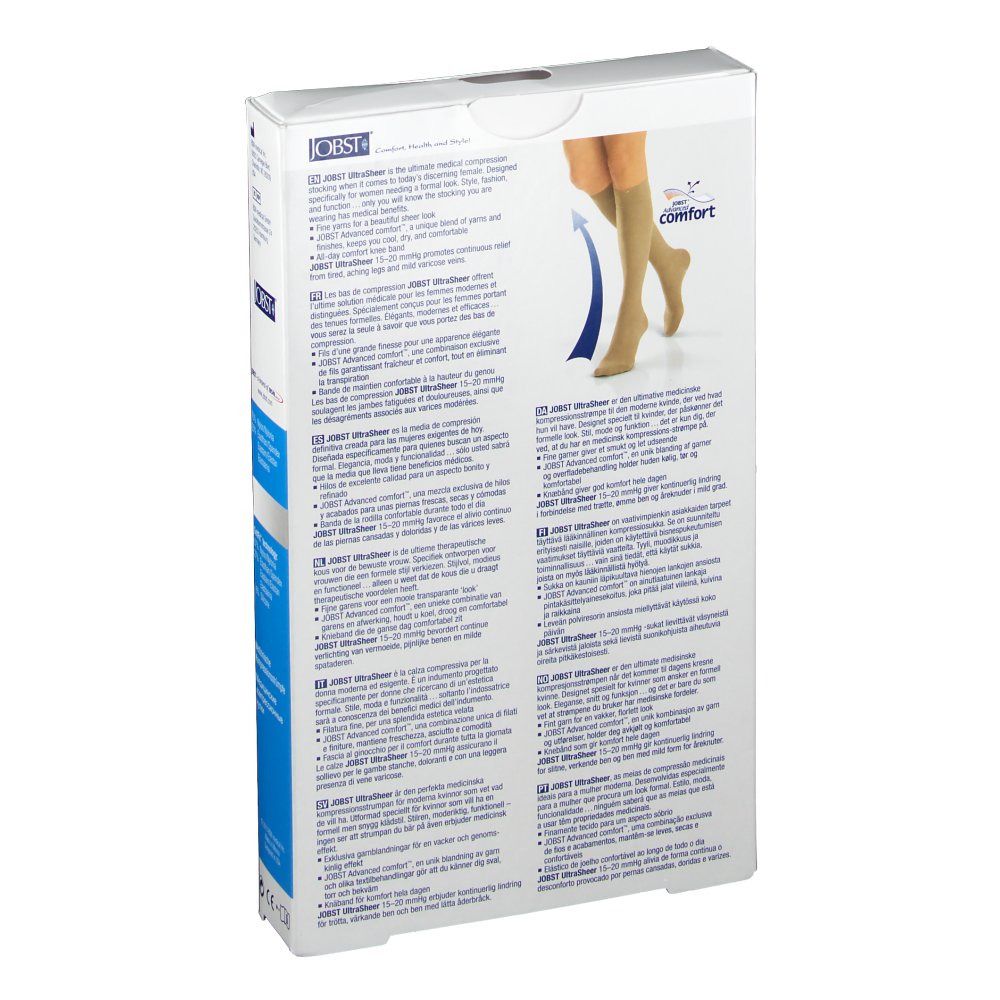 Dos de l'emballage des bas de compression médicale JOBST UltraSheer. Texte et une jambe avec bas.