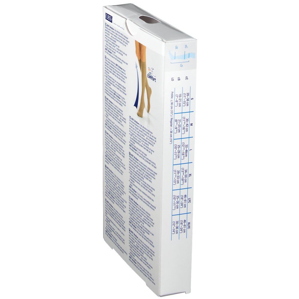 Côté de l'emballage des bas de compression médicale JOBST UltraSheer. Texte et tableau des tailles.