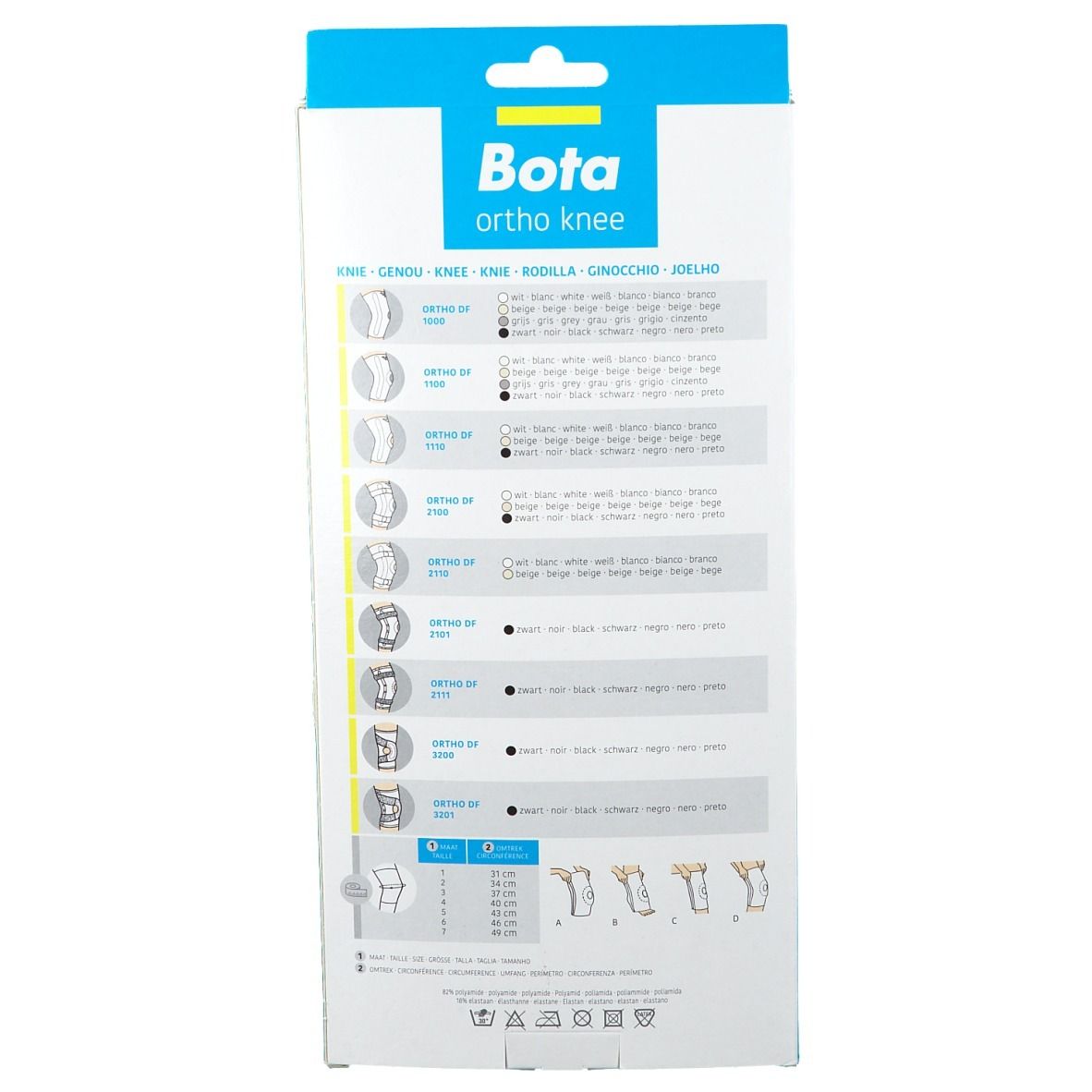 Dos de l'emballage Bota Ortho Knee. Informations de taille et illustrations pour l'utilisation de l'attelle de genou.
