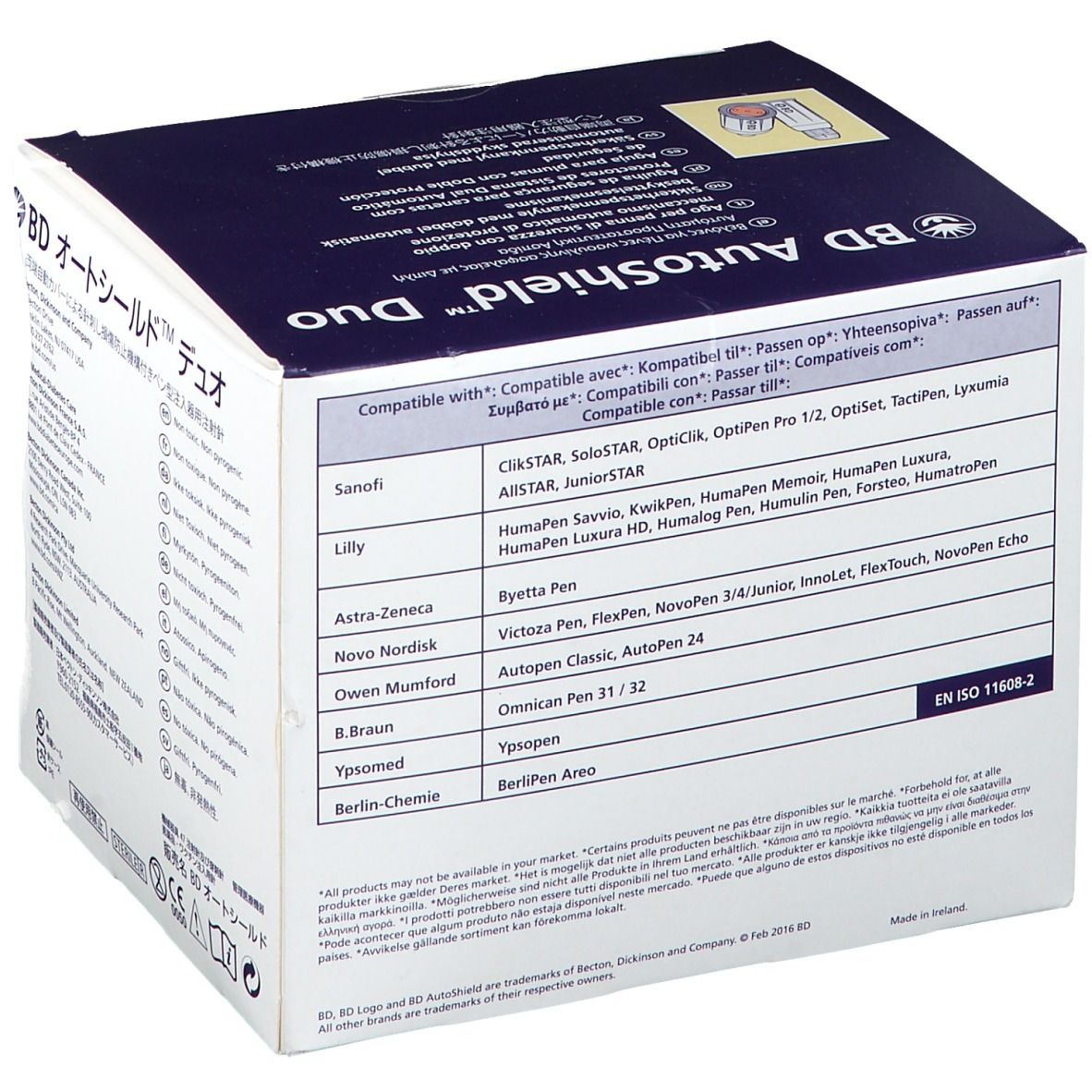 Dessus de la boîte de BD AutoShield™ Duo. Liste de compatibilité avec différents injecteurs. EN ISO 11608-2.