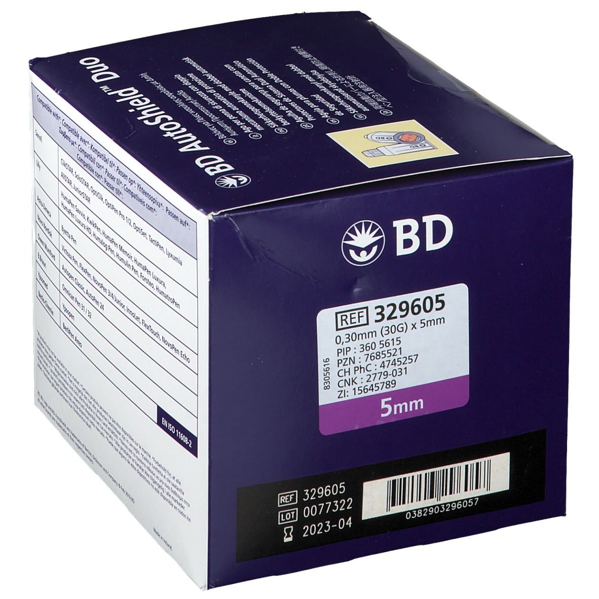 Boîte de BD AutoShield™ Duo. Informations produit: 0,30 mm (30G) x 5 mm. Référence 329605. Numéro de lot et date d'expiration.