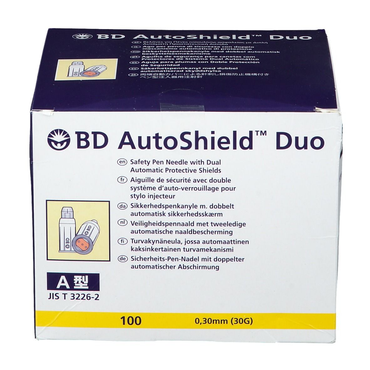 Face avant de la boîte de BD AutoShield™ Duo. Inscription: Safety Pen Needle with Dual Automatic Protective Shields. 0,30 mm (30G). 100 unités.