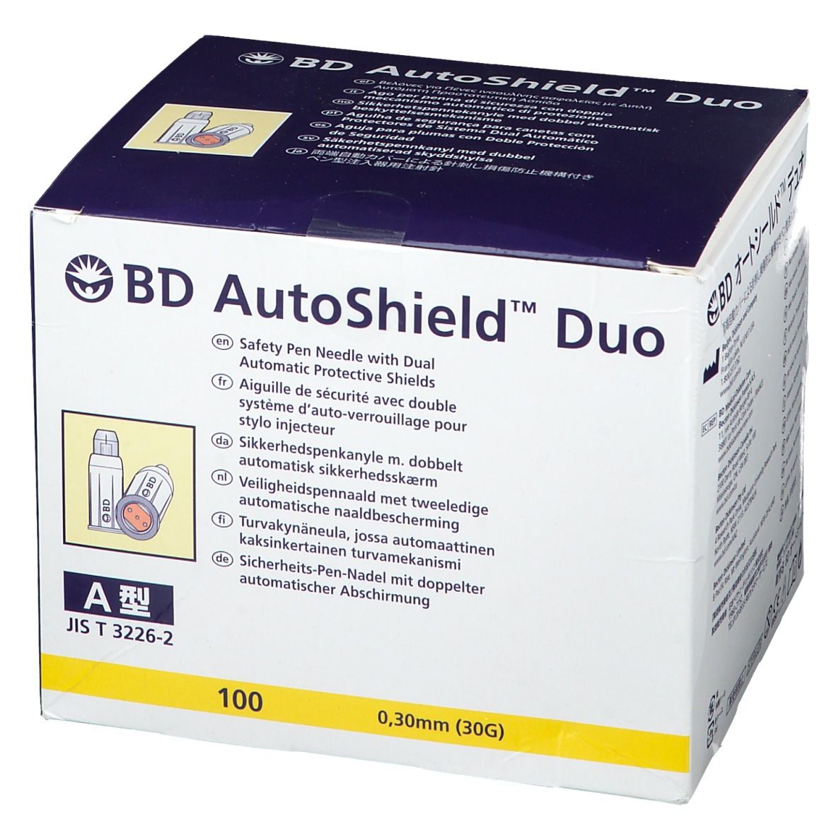 Face avant de la boîte de BD AutoShield™ Duo. Inscription: Safety Pen Needle with Dual Automatic Protective Shields. 0,30 mm (30G). 100 unités.